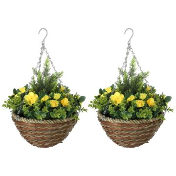 Outsunny Pack Of 2 Faux Plant Artificial Lisianthus Flowers Hanging Planter With Basket For Indoor Outdoor Decoration, Yellow