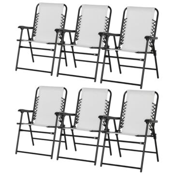 Outsunny Set Of 6 Patio Folding Chair Set, Garden Portable Chairs W/ Armrest, Breathable Mesh Fabric Seat, Backrest, For Camping, Beach, Cream White