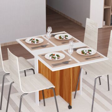 Homcom Folding Dining Table Writing Desk Workstation W/ Casters Teak Colour, White