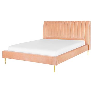 Eu King Size Panel Bed 5ft3 Peach Velvet Slatted Base High Headrest Vintage Beliani