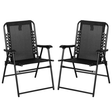 Outsunny 2 Pcs Patio Folding Chair Set, Outdoor Portable Loungers For Camping Pool Beach Deck, Lawn W/ Armrest Steel Frame Black