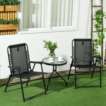 Outsunny 2 Pcs Patio Folding Chair Set, Outdoor Portable Loungers For Camping Pool Beach Deck, Lawn W/ Armrest Steel Frame Black
