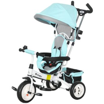 Homcom 6 In 1 Kids Trike Push Bike W/ Push Handle, Canopy, 5-point Safety Belt, Storage, Footrest, Brake, For 1-5 Years, Green