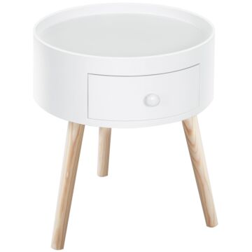 Homcom Modern Round Coffee Table Wooden Side Table Living Room Storage Unit W/drawer Wood Leg - White