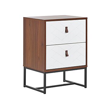 Bedside Table Dark Wood With White Metal Legs Small Storage Cabinet 69 X 49 Cm Modern Nightstand Traditional Bedroom Furniture Beliani
