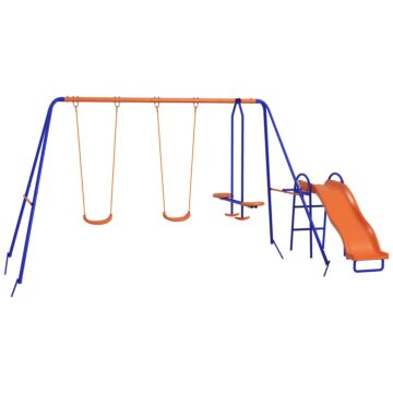 Outsunny 4 In 1 Metal Garden Swing Set With Double Swings Glider Slide Ladder Orange