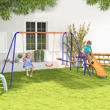 Outsunny 4 In 1 Metal Garden Swing Set With Double Swings Glider Slide Ladder Orange