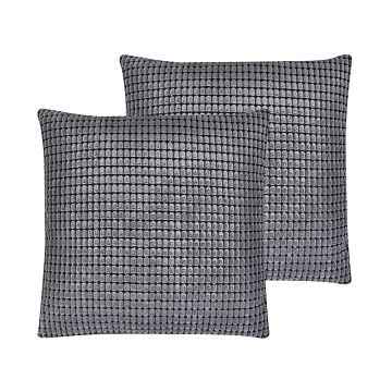 Set Of 2 Scatter Cushions Grey Velvet 45 X 45 Cm Geometric Pattern Decorative Throw Pillows With Inserts Removable Covers Zipper Closure Beliani
