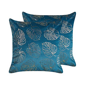 Set Of 2 Decorative Cushions Blue Velvet 45 X 45 Cm Leaf Print Glamour Decor Accessories Beliani