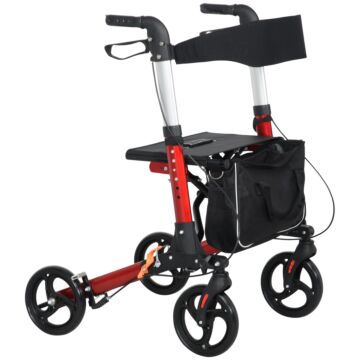 Homcom Folding Rollator Walker With Seat & Backrest, Lightweight Walking Frame W/ Adjustable Handle Height, 4 Wheeled Walker For Seniors, Handicapped, Red