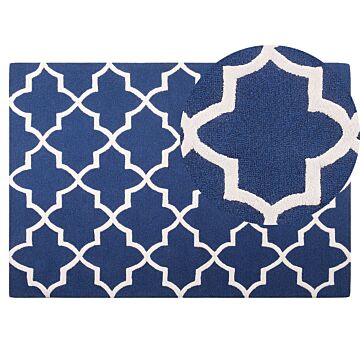 Area Rug Blue Wool 140 X 200 Cm Trellis Quatrefoil Pattern Hand Tufted Oriental Moroccan Clover Beliani