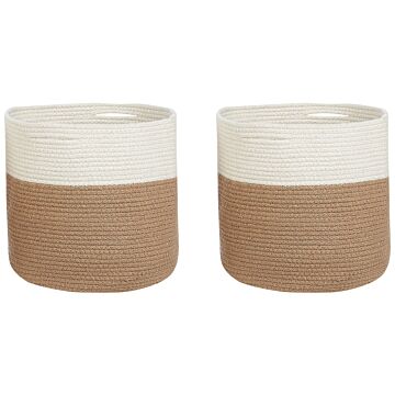 Set Of 2 Storage Baskets Cotton Beige And White Braided Laundry Hamper Fabric Bin Beliani