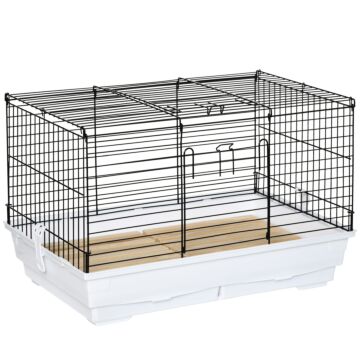 Pawhut Indoor Small Animal Cage With Wood Floor, Bunny Guinea Pig House With Removable Tray, 61.5 X 38 X 40 Cm, White