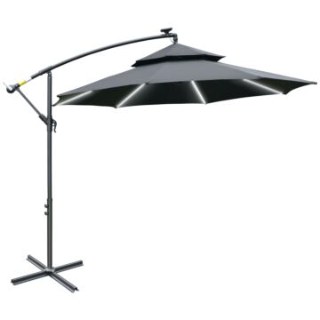Outsunny 3(m) Cantilever Banana Parasol Hanging Umbrella With Double Roof, Led Solar Lights, Crank, 8 Sturdy Ribs And Cross Base, Black