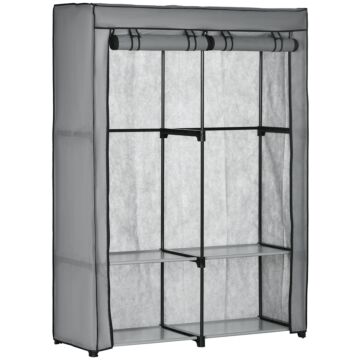 Homcom Fabric Wardrobe, Portable Fabric Cabinet, Foldable Coat Rack With 4 Shelves, 2 Hanging Rails, 118 X 49 X 170 Cm, Light Grey