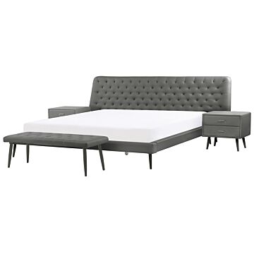 Bedroom Set Grey Faux Leather Eu Super King Size 6ft Bed 2 Bedside Tables Bed Bench Beliani