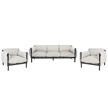 Aluminium Garden Seat 3 Seater Sofa With Armchairs Black Aluminium Frame Light Grey Water Repellent Fabric Cushions Beliani
