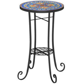 Outsunny Mosaic Garden Table, 35.5 Cm Round Outdoor Table With Shelf, Ceramic Tile Top, Small Garden Side Table Bistro Table End Table Plant Stand For Indoor, Patio, Balcony, Blue