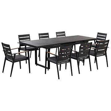 Garden Dining Set Black Extending Table Chairs Seating Pads Outdoor 8 Seater Aluminium Beliani