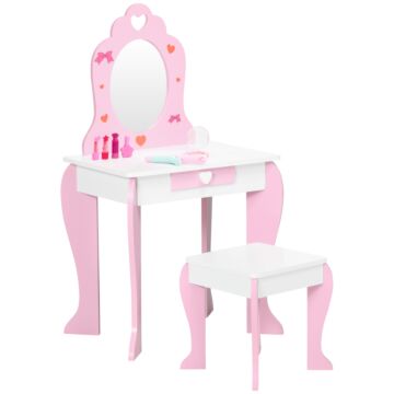 Zonekiz Kids Dressing Table Set Kids Vanity Set Girl Makeup Desk With Mirror Stool Drawer Cute Patterns For 3-6 Years Old, Pink