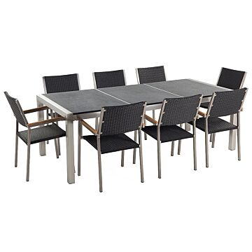 Garden Dining Set Black With Flamed Granite Table Top Rattan Chairs 8 Seats 220 X 100 Cm Beliani