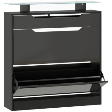 Homcom Shoe Storage Cabinet With Slide Out Drawer, 2 Flip Doors, Tempered Glass Top - Black