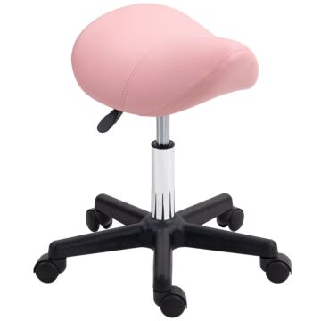 Homcom Saddle Stool, Pu Leather Adjustable Rolling Salon Chair With Steel Frame For Massage, Spa, Beauty And Tattoo, Pink
