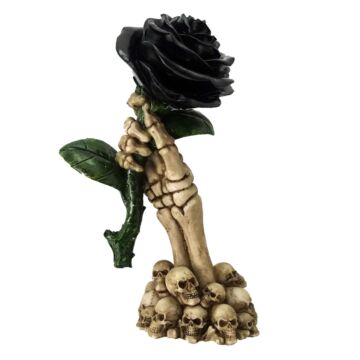 Gothic Skull Decoration - Skeleton Hand Holding Black Rose