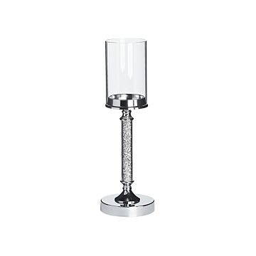Candle Holder Silver Metal Pillar Glass Shade 41 Cm Glamour Accent Piece Decoration Table Centrepiece Beliani