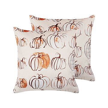 Set Of 2 Decorative Cushions Beige Velvet 45 X 45 Cm Pumpkin Pattern Square Modern Minimalist Autumn Decor Accessories Beliani