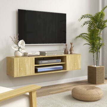 Homcom Floating Tv Stand Cabinet For Tvs Up To 60 Inch, Media Entertainment Center With Open Shelf, Storage Cupboard, Natural Wood Effect