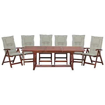 Garden Dining Set Light Acacia Wood Extending Table 6 Chairs With Taupe Cushions Adjustable Backrest Folding Rustic Style Beliani
