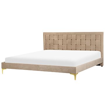 Upholstered Bed Frame Taupe Velvet Eu Super King Size 180x200 Cm 6ft Headboard Golden Legs Beliani
