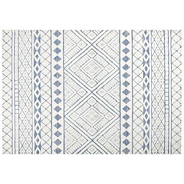 Area Rug White And Blue Polyester Cotton Backing 160 X 230 Cm Decorative Floor Mat Modern Design Living Room Bedroom Beliani