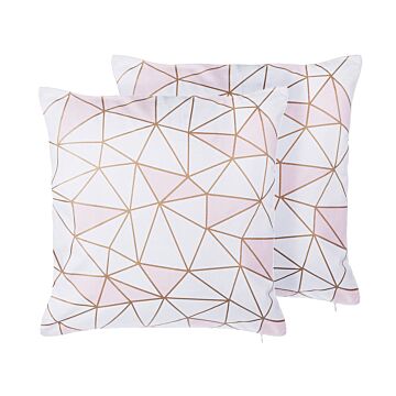 Set Of 2 Decorative Cushions Pink Cotton Geometric Pattern 45 X 45 Cm Net Print Decor Accessories Beliani