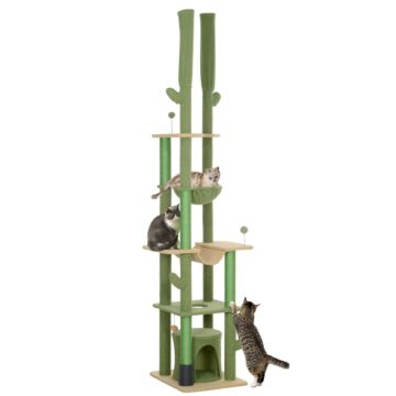 Pawhut 225-255cm Height Adjustable Floor To Ceiling Cat Tree, Tall Cat Tower For Indoor Cats W/ Scratching Posts - Green | Aosom Uk