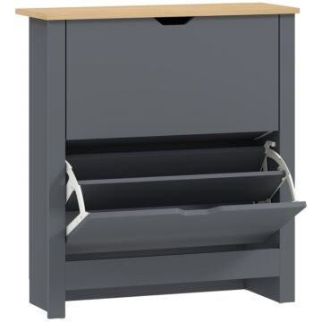 Homcom Slim Shoe Cabinet, Narrow Shoe Cupboard With 2 Flip Drawers, Adjustable Shelves For 12 Pairs Of Shoes, Charcoal Grey