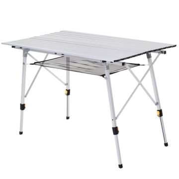 Outsunny 4ft Folding Aluminium Picnic Table Portable Camping Bbq Table Roll Up Top Mesh Layer Rack With Carrying Bag