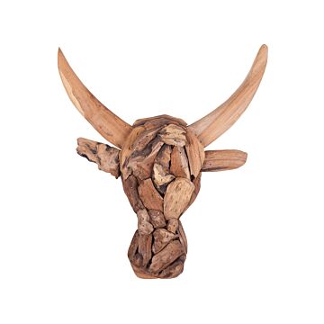 Decorative Wall Bull Head With Horns Light Wood Teak Wood 34 X 28 Cm Rustic Beliani