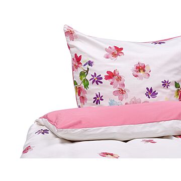 Duvet Cover And Pillowcase Set White And Pink 135 X 200 Cm Cotton Flower Print Modern Bedroom Beliani