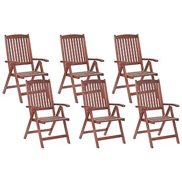Set Of 6 Garden Chairs Acacia Dark Wood Cushion Adjustable Foldable Outdoor Country Rustic Style Beliani