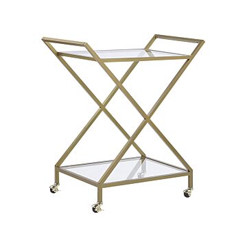 Kitchen Trolley Gold Metal Frame Clear Glass Tops Glamour Bar Cart With Lockable Castors Beliani