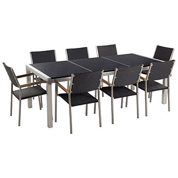 Garden Dining Set Black With Black Granite Table Top Rattan Chairs 8 Seats 220 X 100 Cm Triple Plate Beliani