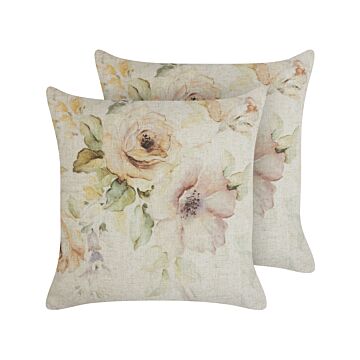 Set Of 2 Decorative Cushions Beige Multicolour Floral Pattern 45 X 45 Cm Vintage Boho Decor Accessories Beliani