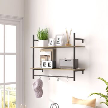 Homcom Wall Mounted Floating Shelves With 4 Hooks, Rustic Wall Shelf Unit For Living Room, Entryway, Grey