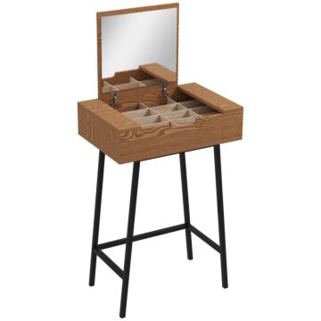 Homcom Vanity Desk With Flip-up Mirror, Industrial Dressing Table With 16 Small Compartments For Bedroom, Natural Wood Effect