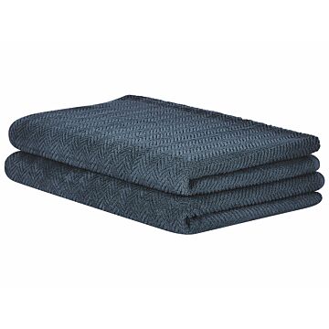 Set Of 2 Bath Sheets Towels Dark Blue Terry Cotton 100 X 150 Cm Chevron Pattern Texture Bath Towels Beliani