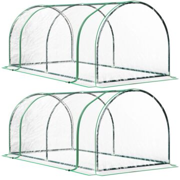 Outsunny Set Of 2 Tunnel Greenhouse, Green Grow House With Roll-up Door, Steel Frame, Plastic Cover For Garden, Outdoor, 200 X 100 X 80cm, Clear