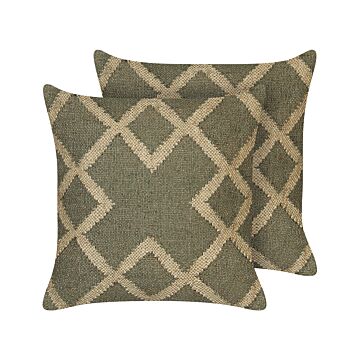 Set Of 2 Scatter Cushions Green And Beige Jute And Wool 45 X 45 Cm Geometric Pattern Faded Colours Beliani