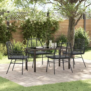 Vidaxl 5 Piece Garden Dining Set With Cushions Black Poly Rattan